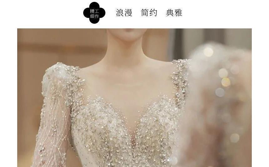 Long-Sleeve Open-Back Rhinestone Bodycon Wedding Gown