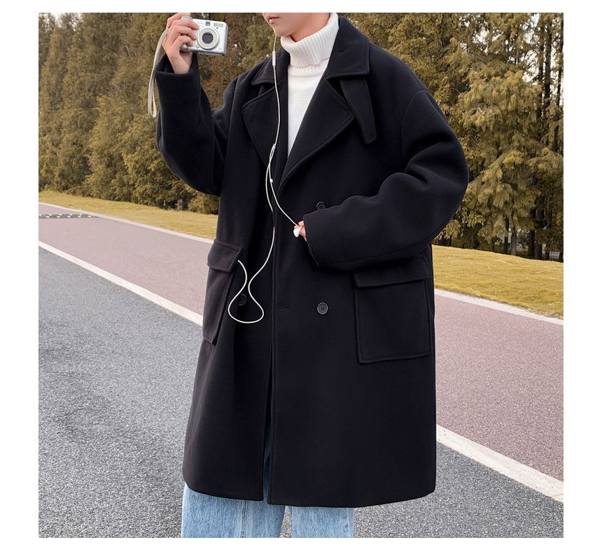 Long-Sleeve  Double-Breasted  Plain Woolen Coat