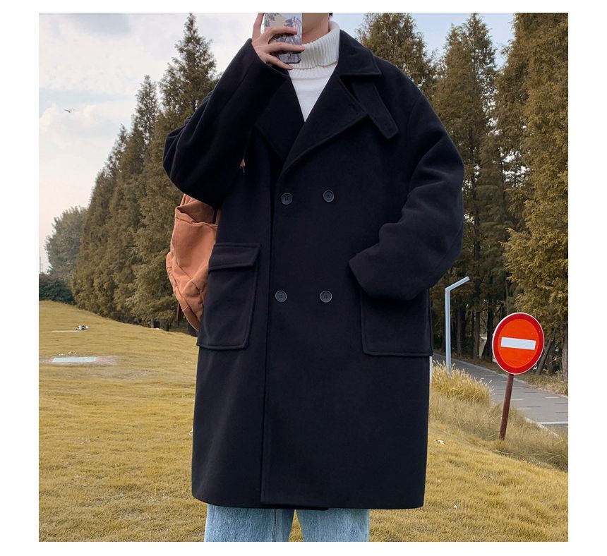 Long-Sleeve  Double-Breasted  Plain Woolen Coat
