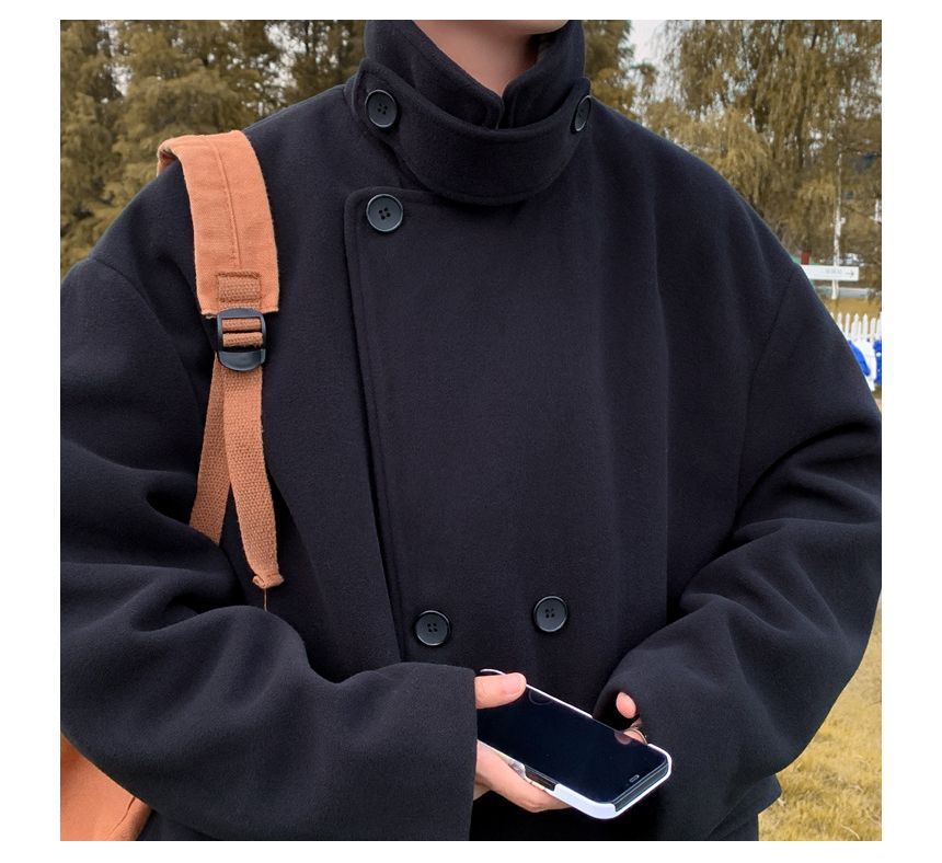 Long-Sleeve  Double-Breasted  Plain Woolen Coat