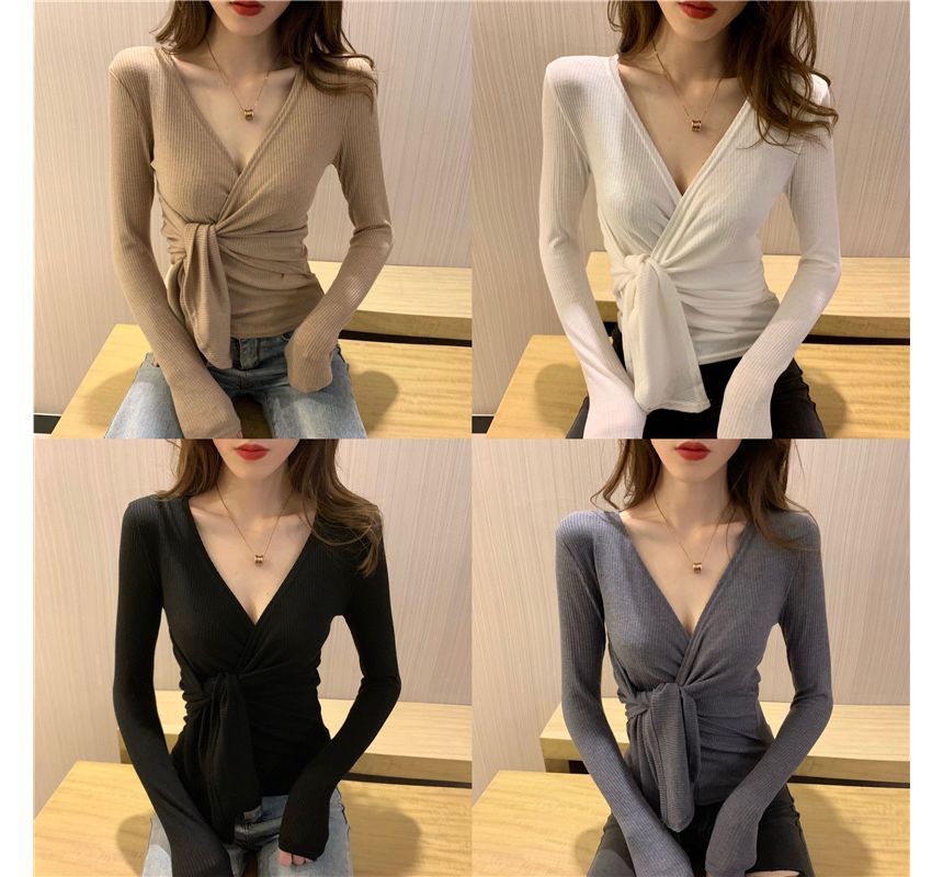 Long-Sleeve Plain Knot Top V-Neck Slim-Fit