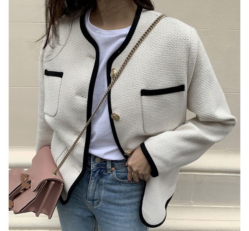 V-Neck Contrast Trim Button-Up Tweed Jacket