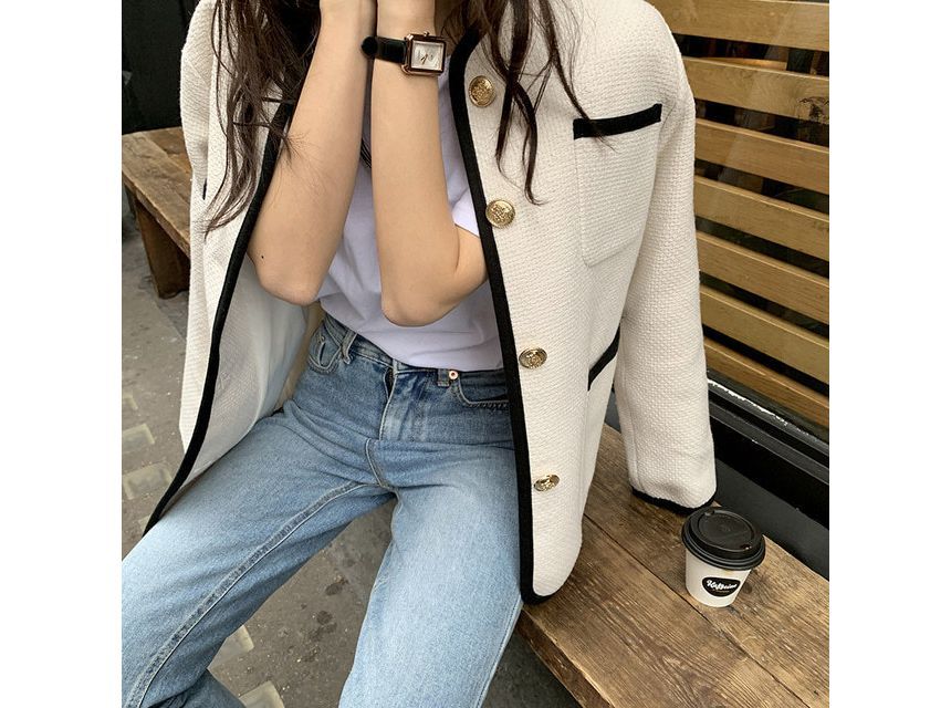 V-Neck Contrast Trim Button-Up Tweed Jacket