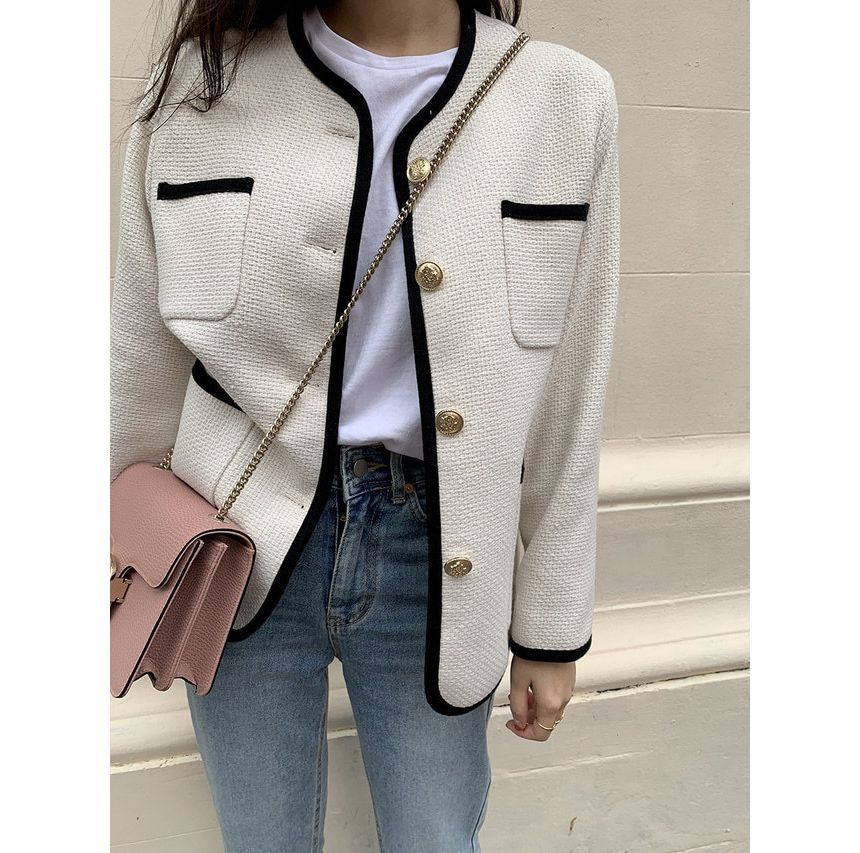 V-Neck Contrast Trim Button-Up Tweed Jacket