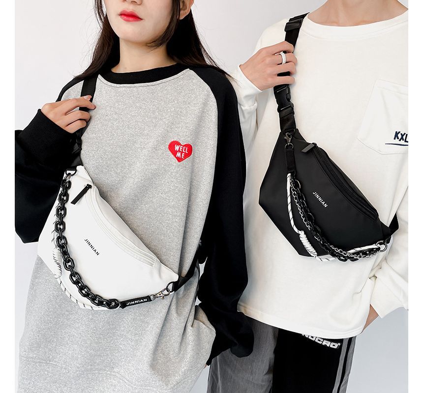 Lettering Print Chained Nylon Waist Bag