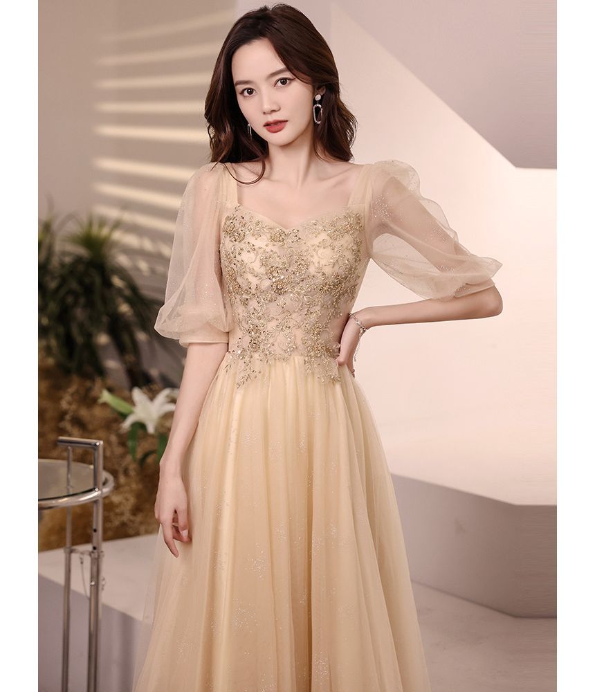 Puff-Sleeve Flower Embroidered Sequin Midi Cocktail Dress / A-Line Evening Gown