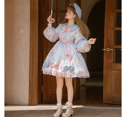 Puff-Sleeve Floral Print Bow Lolita Dress (Various Designs)