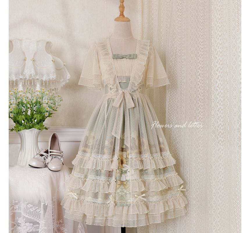 Wide Strap Floral Print Midi A-Line Layered Lolita Dress / Short-Sleeve Ruffle Blouse / Set