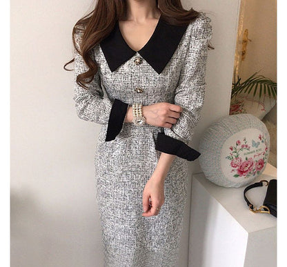 Long-Sleeve Contrast Collar Tweed Midi A-Line Dress