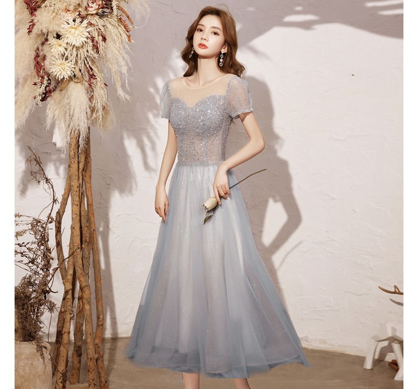 Short-Sleeve Mesh Evening Round A-Line Sequin Gown / Neck Cocktail Dress