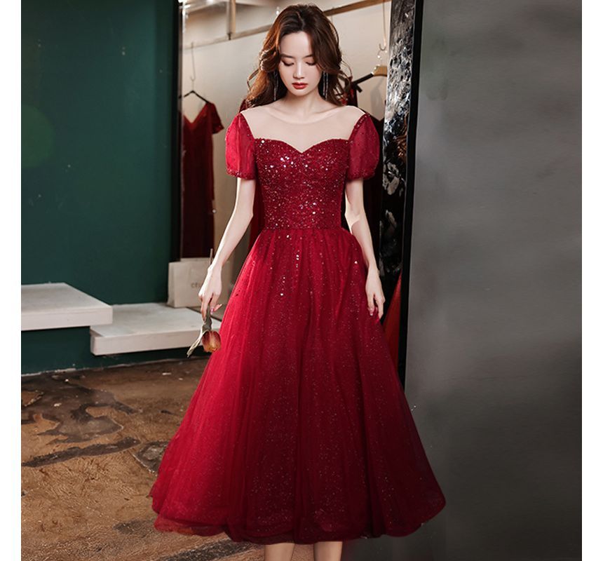 Short-Sleeve Mesh Evening Round A-Line Sequin Gown / Neck Cocktail Dress