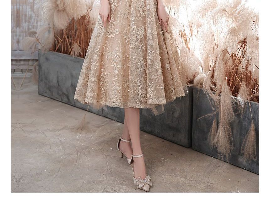 Embroidered A-Line Neck Mock Short-Sleeve / Pearl Dress Flower Faux Gown Evening Cocktail