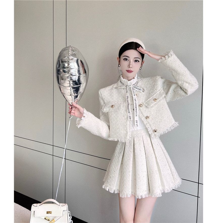 Long-Sleeve Lace Blouse / Tweed Tassel Trim Button-Up Jacket / High Rise Pleated Mini A-Line Skirt / Set