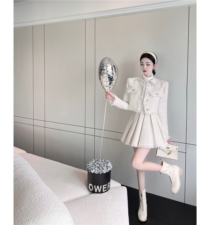 Long-Sleeve Lace Blouse / Tweed Tassel Trim Button-Up Jacket / High Rise Pleated Mini A-Line Skirt / Set