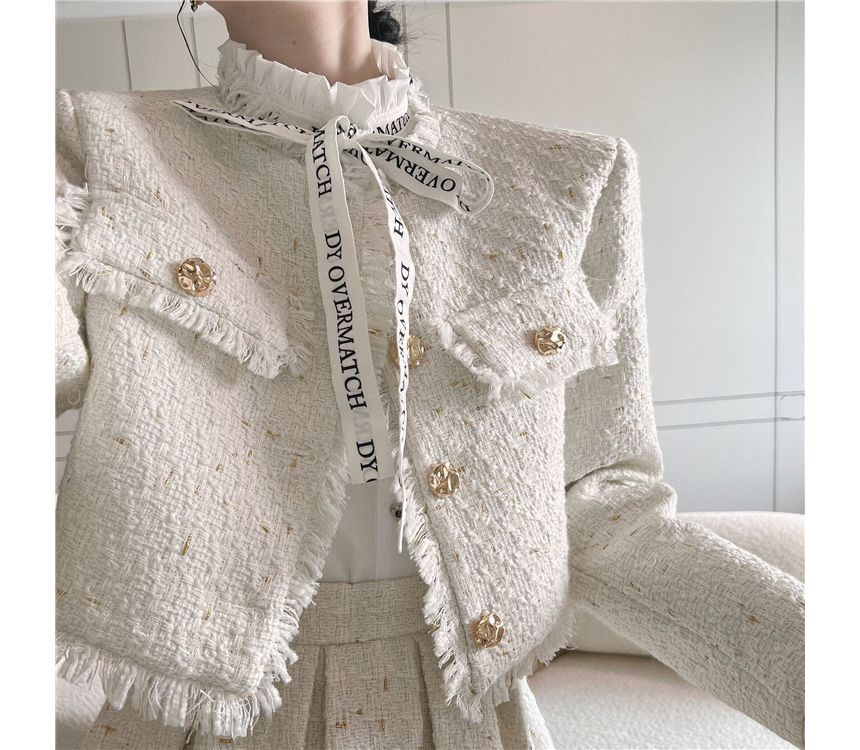 Long-Sleeve Lace Blouse / Tweed Tassel Trim Button-Up Jacket / High Rise Pleated Mini A-Line Skirt / Set