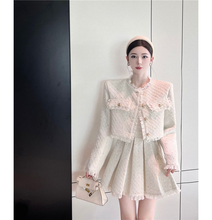 Long-Sleeve Lace Blouse / Tweed Tassel Trim Button-Up Jacket / High Rise Pleated Mini A-Line Skirt / Set