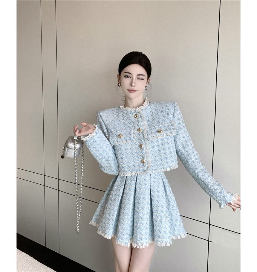 Long-Sleeve Lace Blouse / Tweed Tassel Trim Button-Up Jacket / High Rise Pleated Mini A-Line Skirt / Set