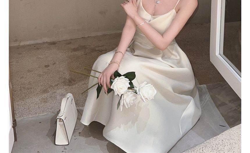 Plain Dress Strap Midi Spaghetti Slim-Fit