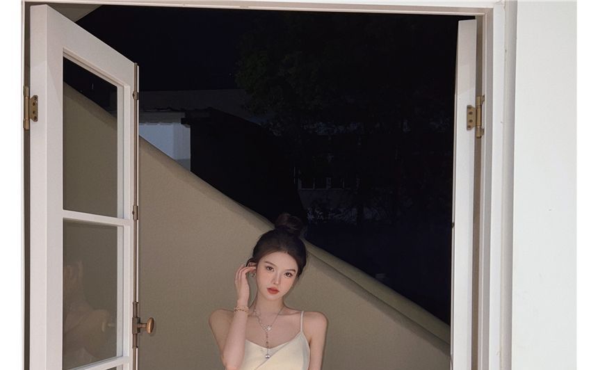 Plain Dress Strap Midi Spaghetti Slim-Fit