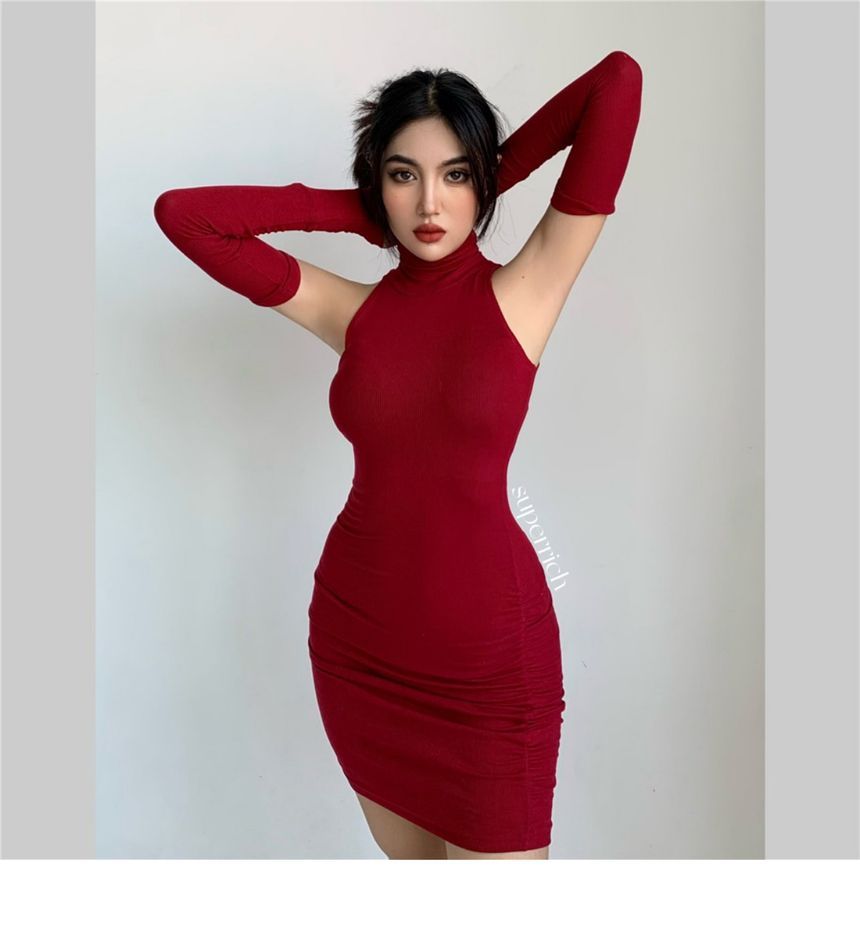 Sleeveless Arm Mini Sleeves Dress With Plain Turtleneck