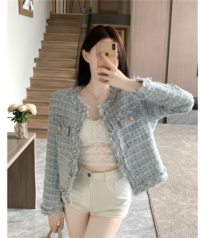 Round Neck Single Breasted Tweed Blazer