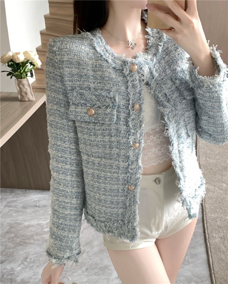 Round Neck Single Breasted Tweed Blazer