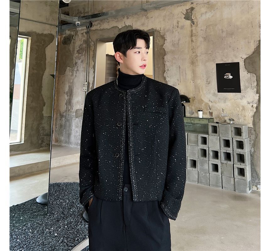 Tweed Trim Glitter Button-Up Jacket