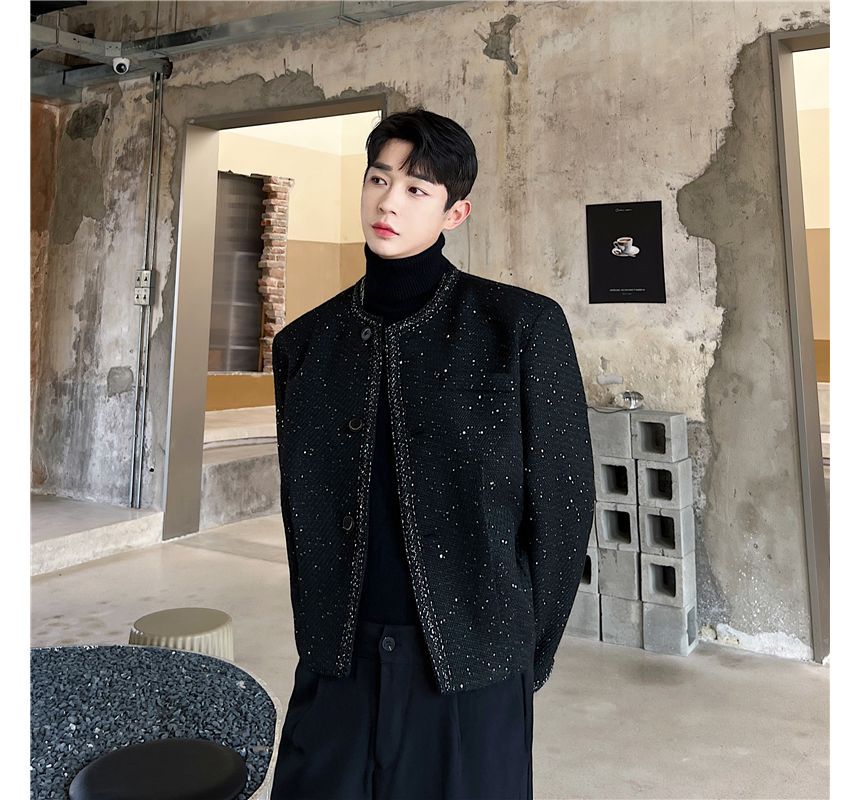 Tweed Trim Glitter Button-Up Jacket