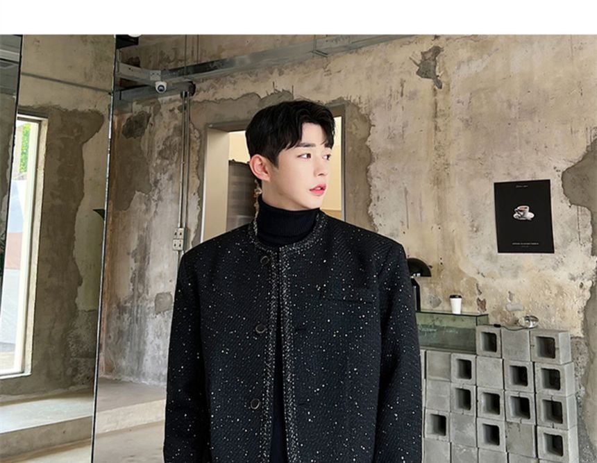 Tweed Trim Glitter Button-Up Jacket