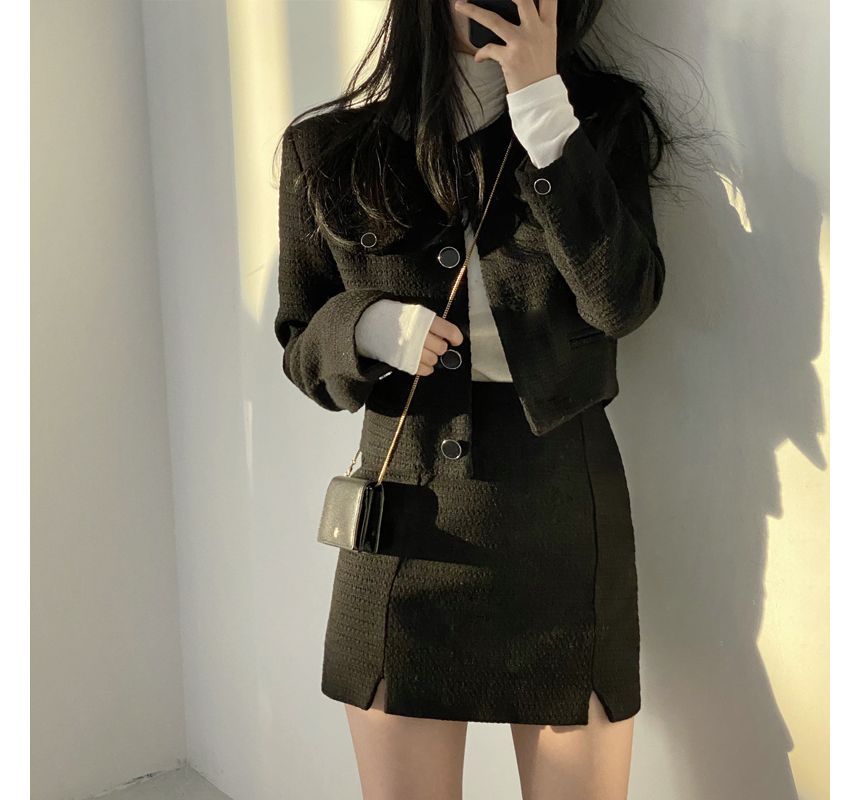 Crew Neck Plain Tweed Cropped Button Jacket / High Waist Slit Mini Pencil Skirt