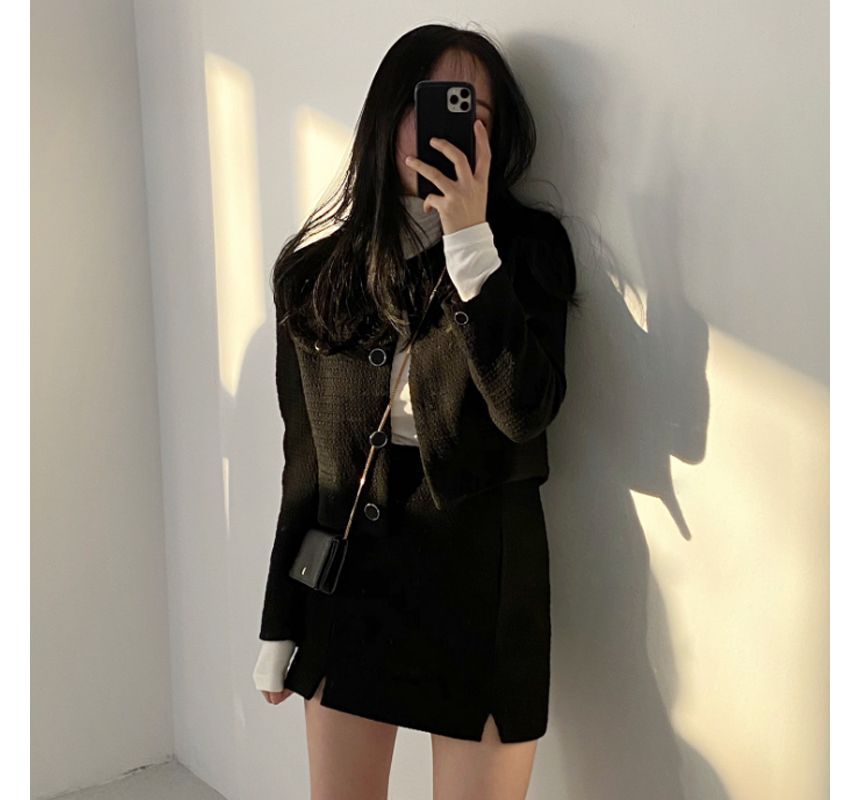 Crew Neck Plain Tweed Cropped Button Jacket / High Waist Slit Mini Pencil Skirt