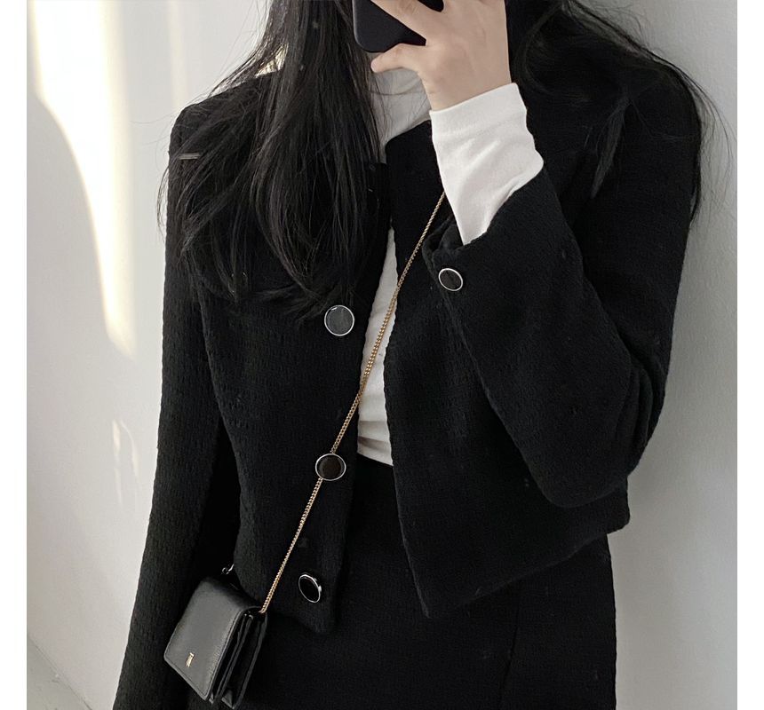 Crew Neck Plain Tweed Cropped Button Jacket / High Waist Slit Mini Pencil Skirt