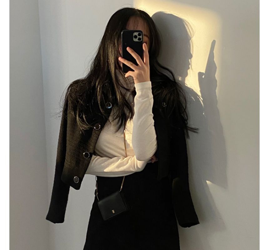 Crew Neck Plain Tweed Cropped Button Jacket / High Waist Slit Mini Pencil Skirt