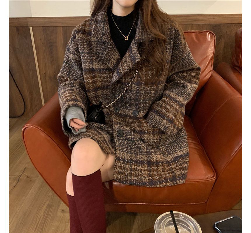 Long-Sleeve Plaid Woolen Coat