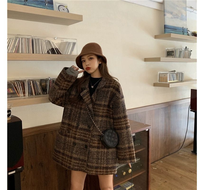 Long-Sleeve Plaid Woolen Coat