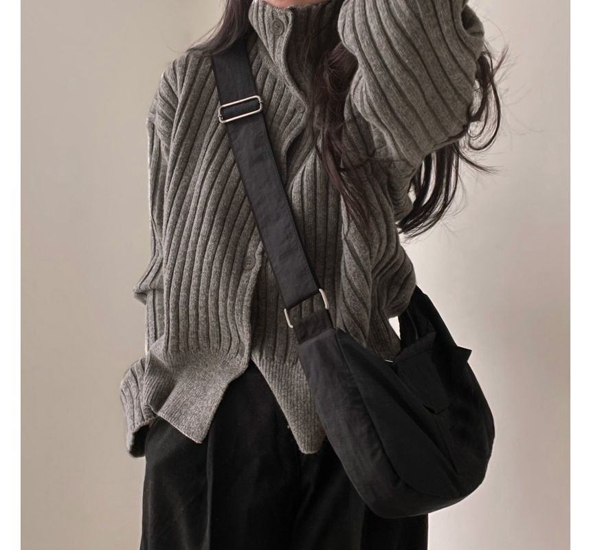 Long-Sleeve Turtleneck Buttoned Rib-Knit Cardigan