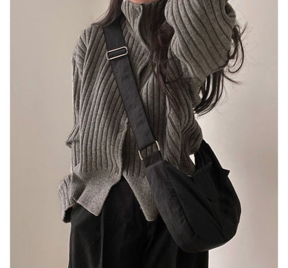 Long-Sleeve Turtleneck Buttoned Rib-Knit Cardigan