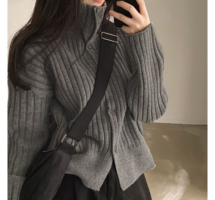 Long-Sleeve Turtleneck Buttoned Rib-Knit Cardigan