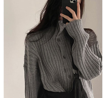 Long-Sleeve Turtleneck Buttoned Rib-Knit Cardigan