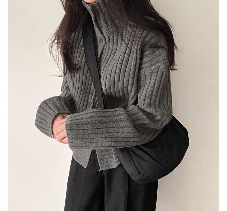 Long-Sleeve Turtleneck Buttoned Rib-Knit Cardigan