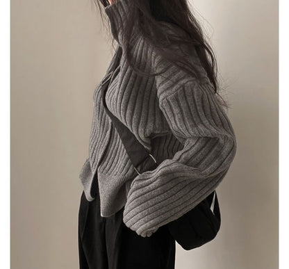 Long-Sleeve Turtleneck Buttoned Rib-Knit Cardigan