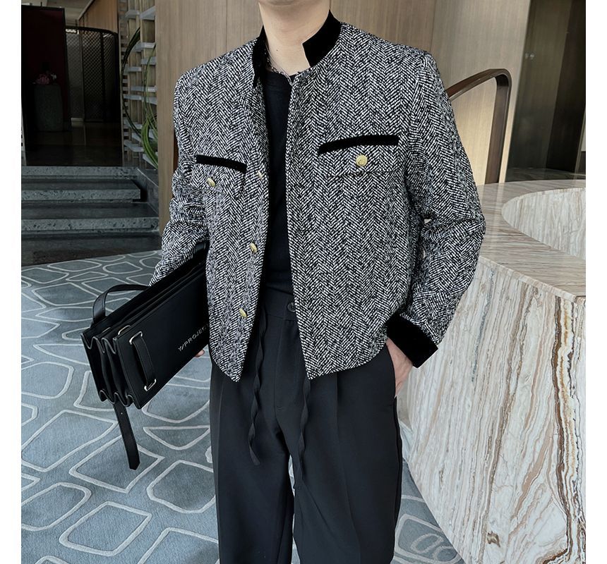 Stand Collar Tweed Zip-Up Crop Jacket