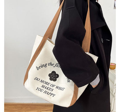 Two-Tone Flower Print Canvas Tote Bag