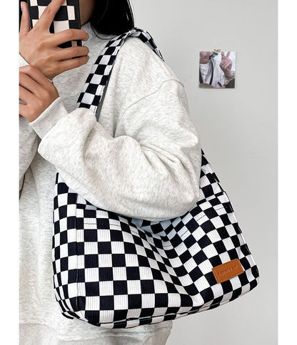 Checker Lettering Applique Corduroy Tote Bag