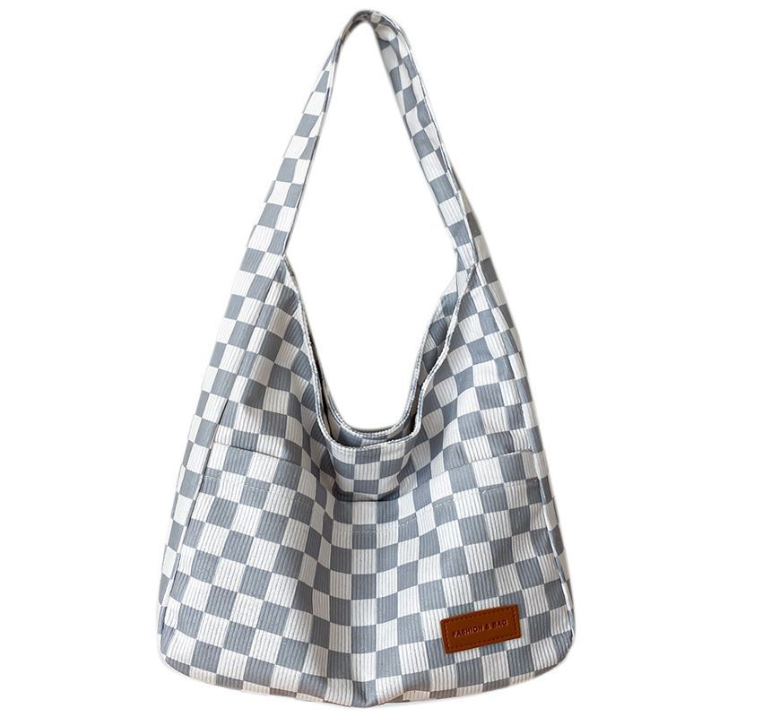 Checker Lettering Applique Corduroy Tote Bag