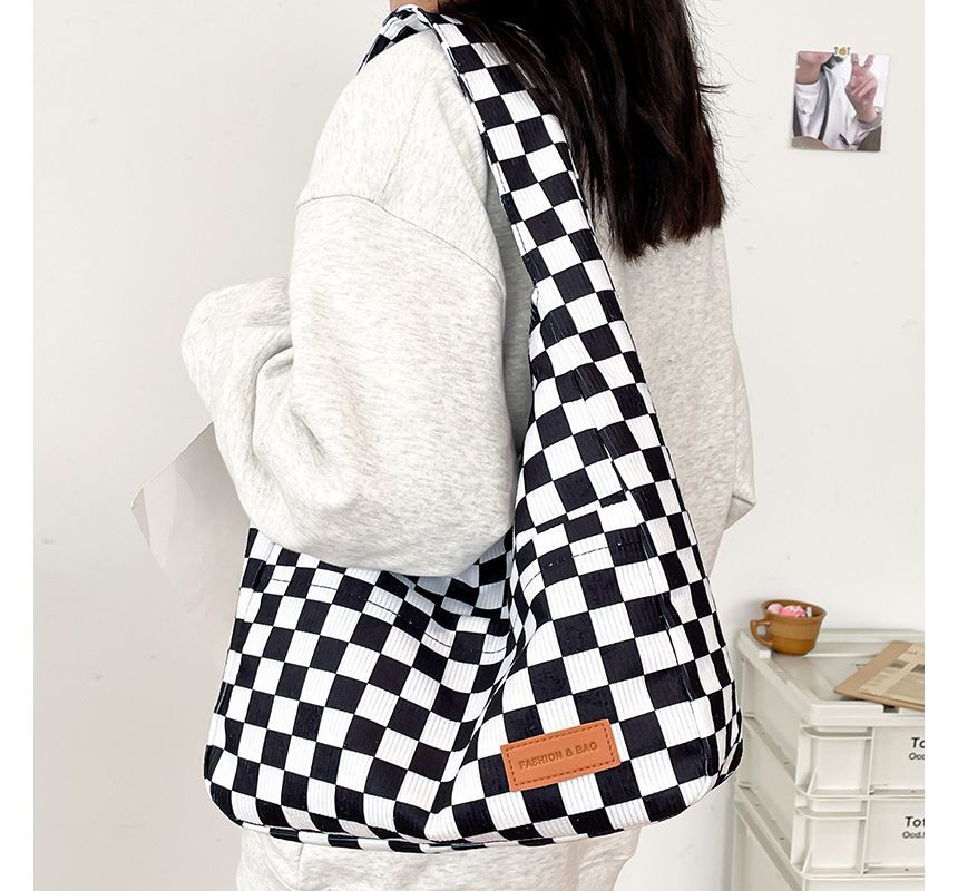 Checker Lettering Applique Corduroy Tote Bag