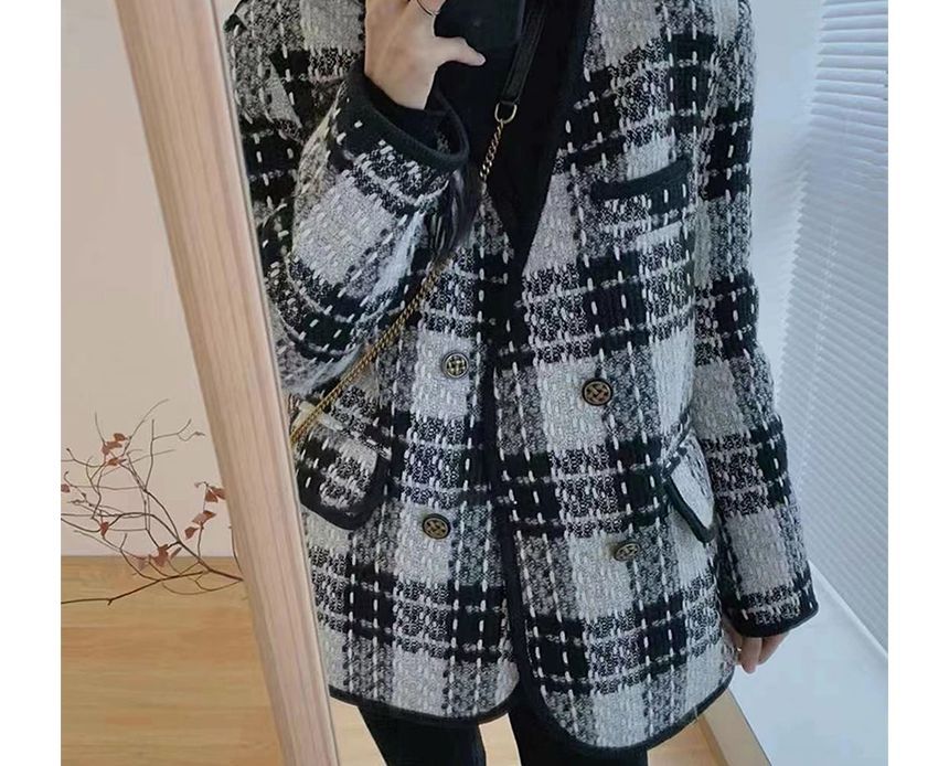 V-Neck Plaid Piped Tweed Double-Breasted Jacket