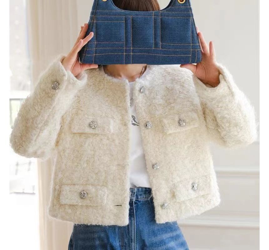 Crew Neck Tweed Button-Up Crop Jacket