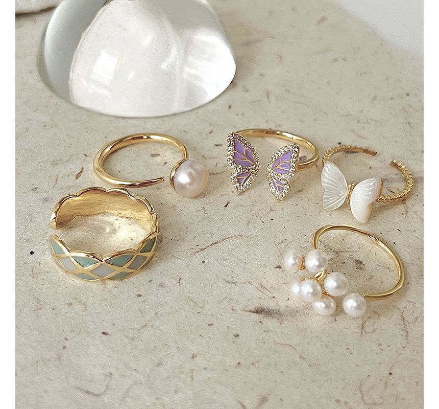 Butterfly / Faux Pearl Alloy Open Ring (various designs)