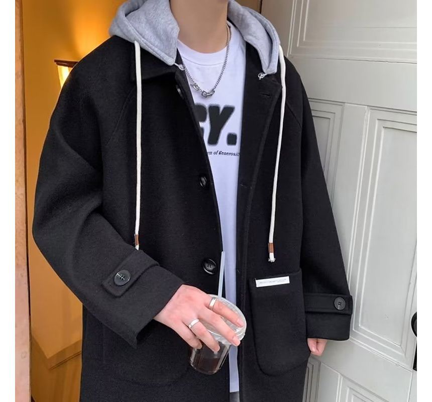Single Breasted Hooded Woolen Coat